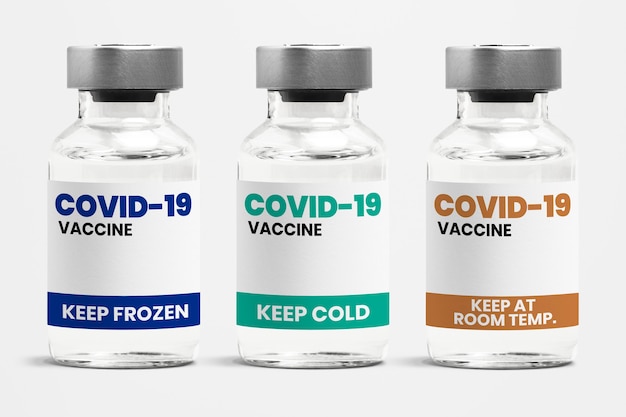 Gratis foto verschillende soorten covid-19-vaccin in glazen flaconflessen met een label met verschillende opslagtemperatuurcondities