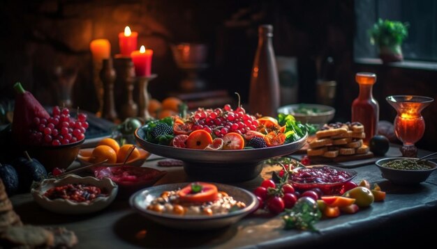 Verse bessen fruitsalade op rustieke houten tafel gegenereerd door AI