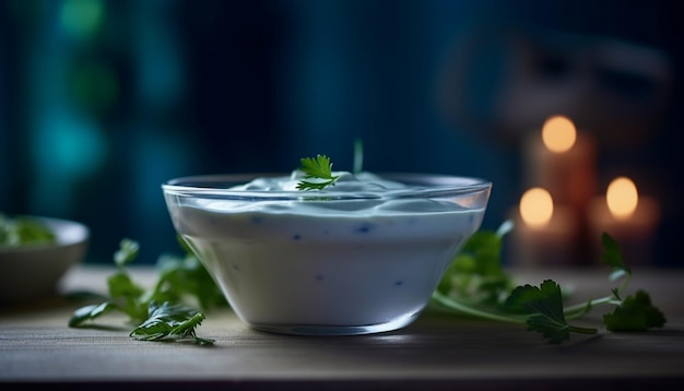 Gratis foto verse biologische yoghurt-groentesalade met muntblad gegenereerd door ai