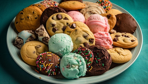 Verse chocoladekoekjes met kleurrijke versieringen gegenereerd door AI