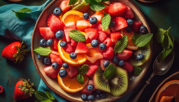 Verse fruitsalade met bosbessen, aardbeien en frambozen gegenereerd door AI