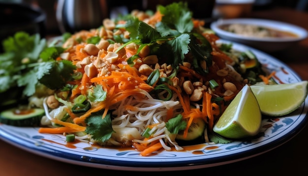 Verse gastronomische saladeplaat met zeevruchten en vlees gegenereerd door AI