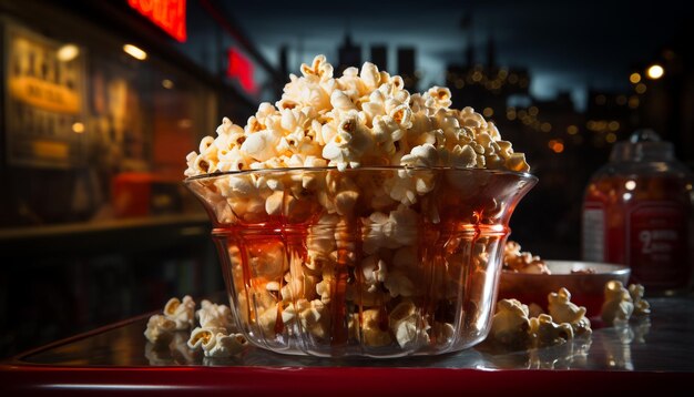 Gratis foto verse gourmet snack op houten tafel in een bioscoop gegenereerd door kunstmatige intelligentie