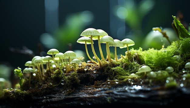 Gratis foto verse groene bladeren groeien in het natte bos tijdens de lente gegenereerd door ai