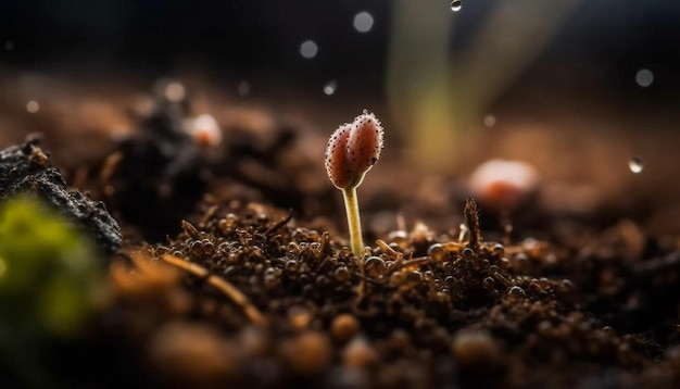 Verse groene zaailing groeit in nat vuil gegenereerd door ai