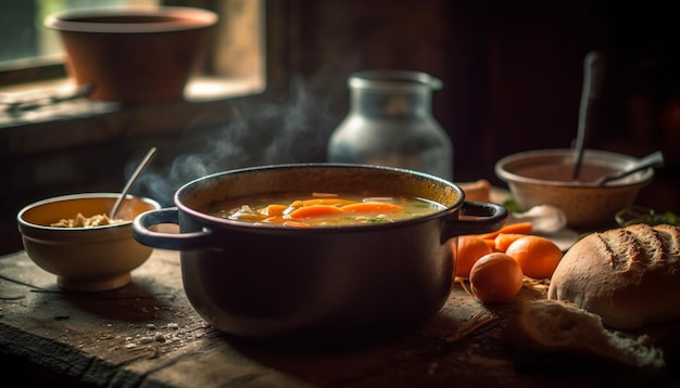 Verse groentesoep gekookt op rustieke houten tafel gegenereerd door AI