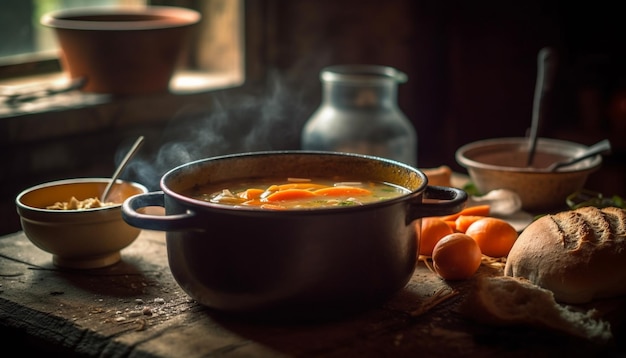 Gratis foto verse groentesoep gekookt op rustieke houten tafel gegenereerd door ai