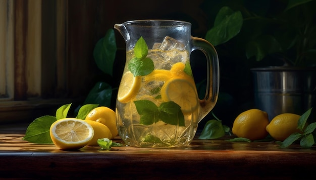 Gratis foto verse limonade op een houten tafel, een verfrissend zomerdrankje gegenereerd door kunstmatige intelligentie