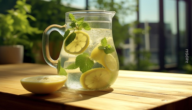 Verse limonade op een houten tafel, perfect voor de zomer, gegenereerd door kunstmatige intelligentie