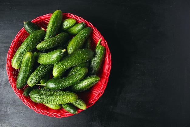 Verse organische komkommers in rode mand op witte houten tafel met groene en rode en chilipepers, venkel, zout, zwarte peperkorrels, knoflook, erwt, close-up, gezond concept, bovenaanzicht, plat leggen