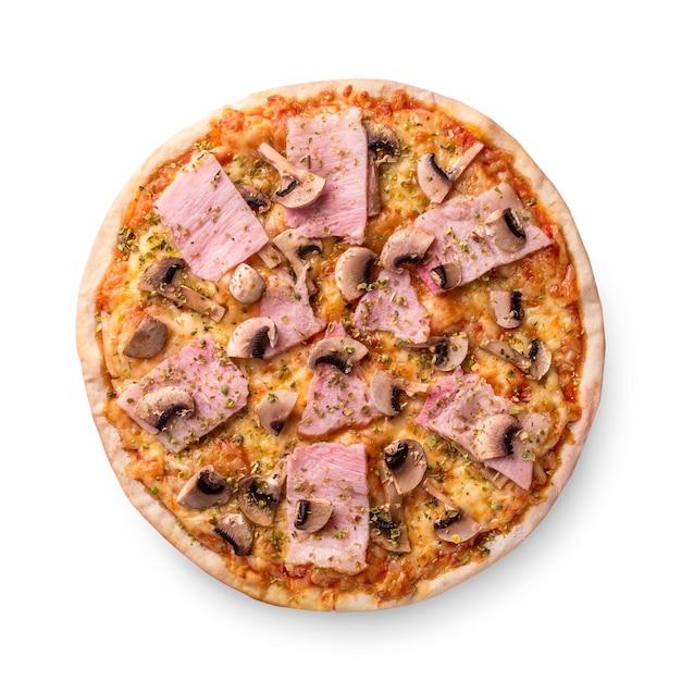 Verse pizza met champignons, ham, kaas op witte achtergrond. ruimte kopiëren. huisgemaakt met liefde. snelle bezorging. recept en menu. bovenaanzicht.