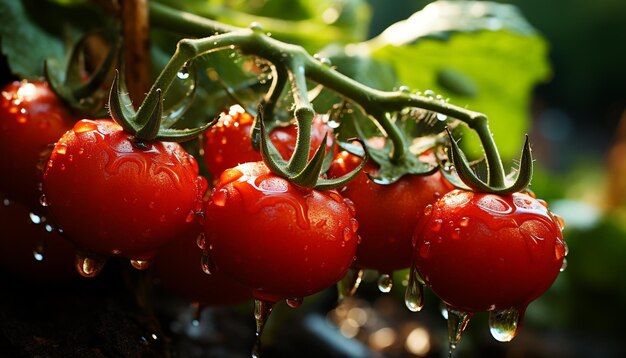 Verse rijpe tomaten vallen uit de plant in de tuin, gegenereerd door kunstmatige intelligentie