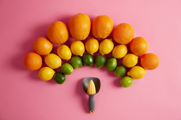 Gratis foto verse sinaasappels gele citroenen en groene limoenen in een halve cirkel boven handmatige juicer. squeezer gebruikt voor het bereiden van biologisch sap van citrusvruchten. vitaminen en een gezond levensstijlconcept.