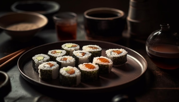 Verse sushi rolt sojasaus op plaat gegenereerd door ai