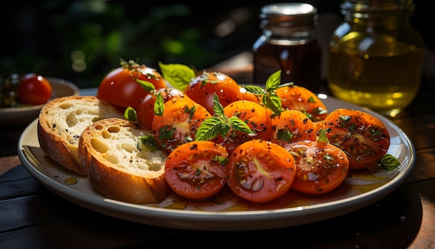 Gratis foto verse tomatensalade op een houten plaat gezonde gastronomische vegetarische maaltijd gegenereerd door kunstmatige intelligentie