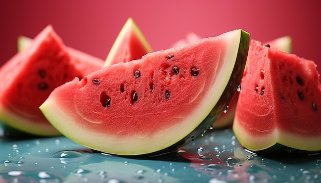 Gratis foto verse watermeloenschijf, sappige en verfrissende zomersnack gegenereerd door kunstmatige intelligentie