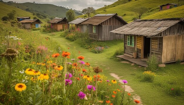 Gratis foto verse wilde bloemen bloeien op rustiek berghuisje gegenereerd door ai