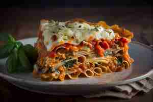 Gratis foto verse zelfgemaakte lasagne en bladeren op plaat generatieve ai