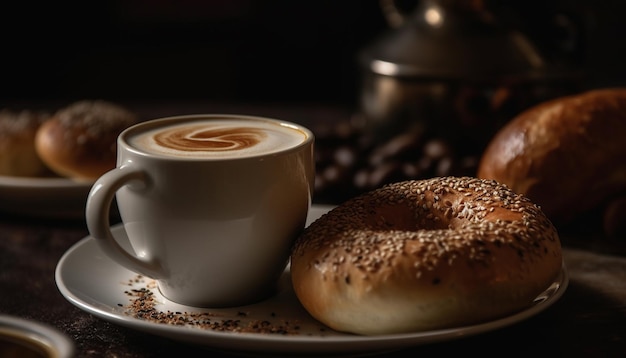 Gratis foto versgebakken bagel en cappuccino op tafel gegenereerd door ai