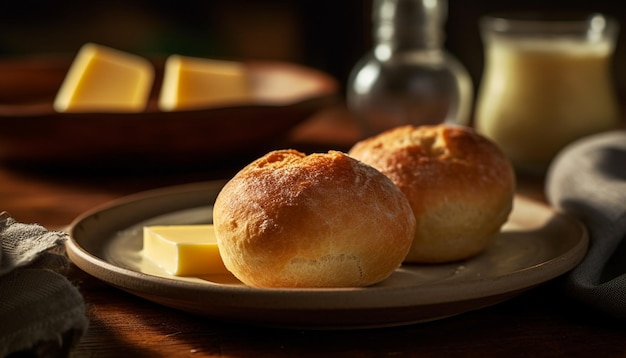 Gratis foto versgebakken brood en zoete broodjes op tafel gegenereerd door ai