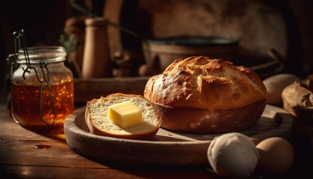 Gratis foto versgebakken brood op rustieke houten tafel gegenereerd door ai