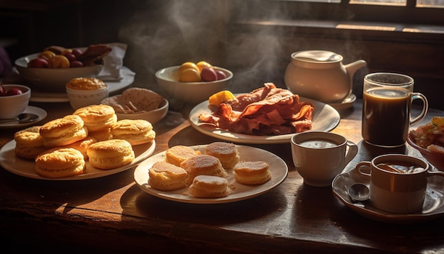 Gratis foto versgebakken croissant op rustieke houten tafel gegenereerd door ai