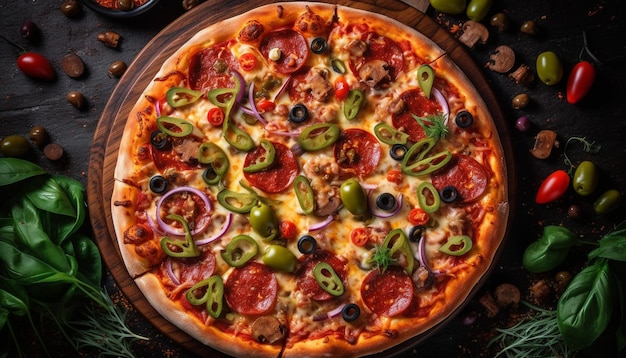 Gratis foto versgebakken pizza met mozzarella en salami gegenereerd door ai
