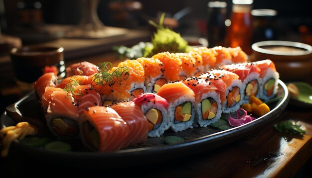 Versheid en culturen op een bord vismaaltijd met sashimi gegenereerd door kunstmatige intelligentie