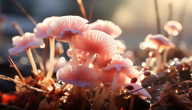 Versheid en schoonheid in de natuur close-up van een gele paddenstoel gegenereerd door AI