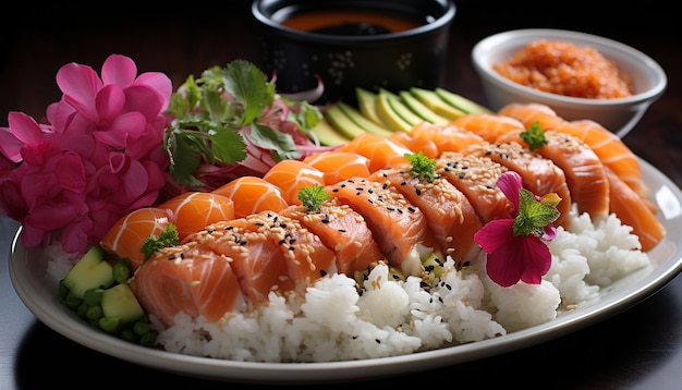 Gratis foto versheid en variatie op een bord, een gezonde japanse maaltijd gegenereerd door kunstmatige intelligentie
