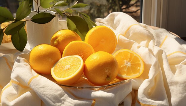 Versheid van citrusvruchten op tafel, een stukje gezonde zomer gegenereerd door kunstmatige intelligentie