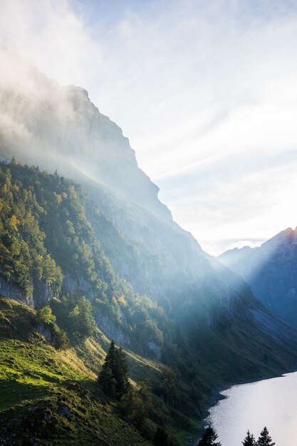 Verticaal schot van beboste bergen dichtbij water onder een bewolkte hemel overdag