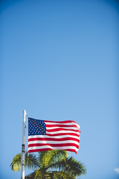 Verticaal schot van de vlag van Verenigde Staten op een pool met een blauwe hemel