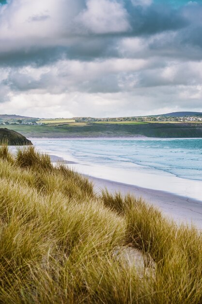 Verticaal schot van het gras behandelde strand door de kalme oceaan die in Cornwall, Engeland wordt gevangen