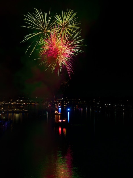 Verticaal schot van kleurrijk vuurwerk dat 's nachts over water in een stad nadenkt