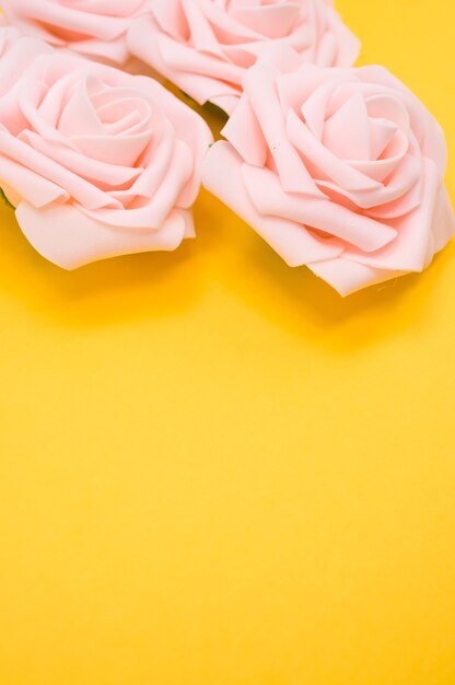 Verticale close-up shot van roze rozen geïsoleerd op een gele achtergrond met kopie ruimte