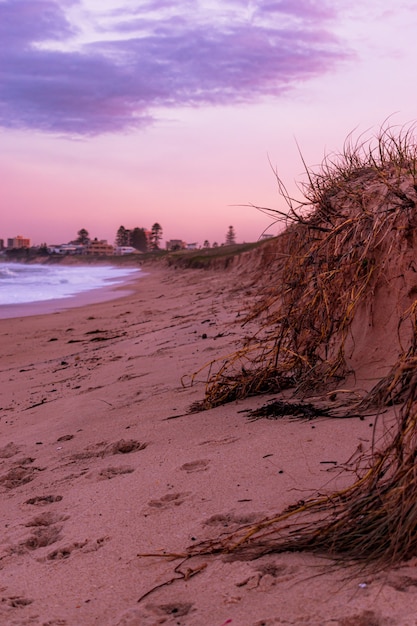 Gratis foto verticale landschapsopname van een prachtige kleurrijke zonsondergang op het strand