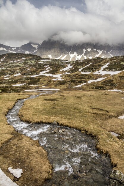 Verticale opname van een besneeuwd landschap met een fris stromende bergrivier