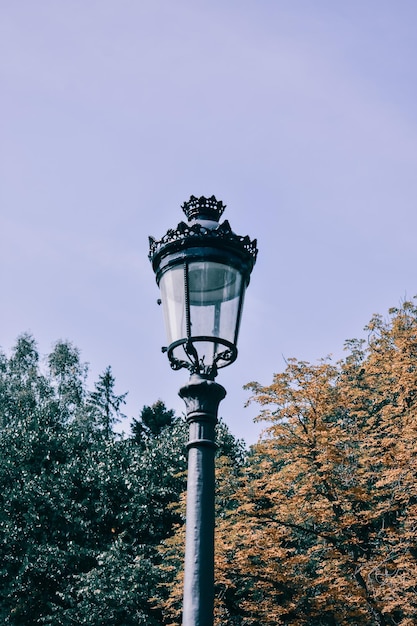 Verticale opname van een klassieke straatlantaarn onder een blauwe lucht