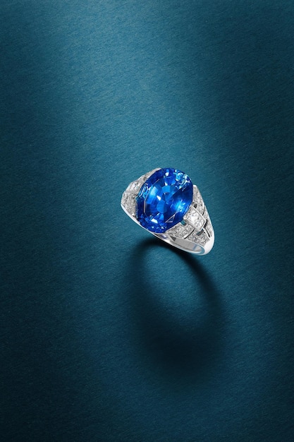 Verticale opname van een mooie ring met een kostbare blauwe edelsteen op een blauw oppervlak