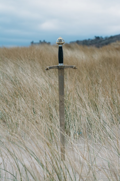 Verticale opname van een zwaard in het zandstrand