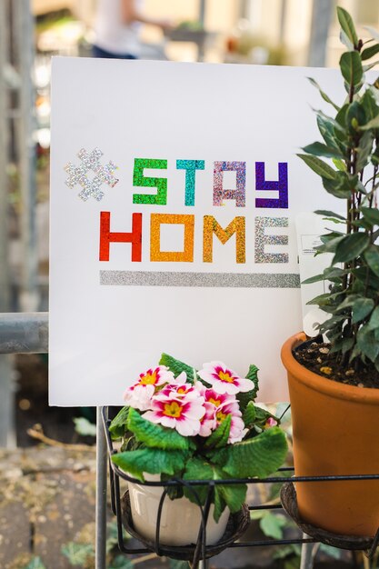 Verticale opname van wit karton met de kleurrijke tekst "STAY HOME"