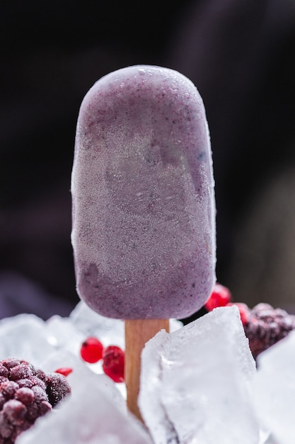 Gratis foto verticale opname van zelfgemaakt veganistisch ijs bedekt met chocolade en omgeven door ijsblokjes
