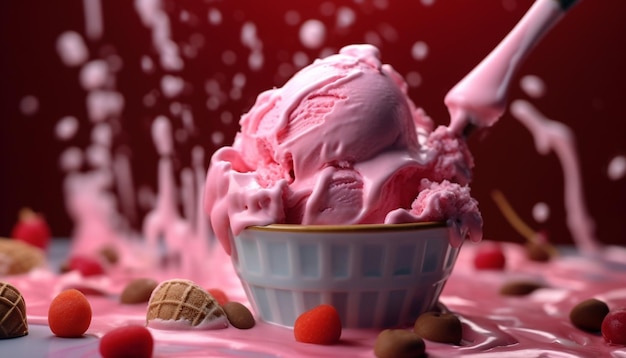 Verwennerij-dessert-aardbeienijs met veelkleurige bessen gegenereerd door kunstmatige intelligentie
