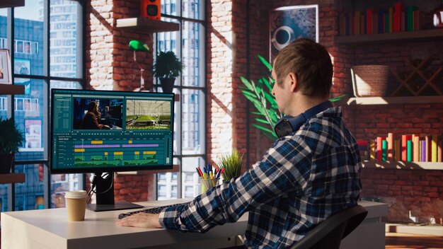 Video-editor die filmmontage op de computer analyseert