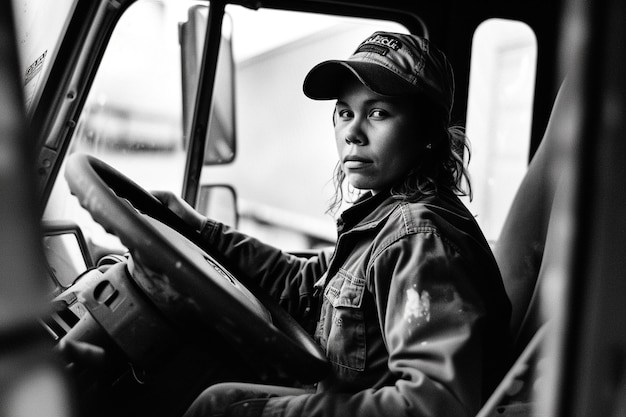 Viering van de Dag van de Arbeid met een monochrome afbeelding van een vrouw die aan haar werk werkt