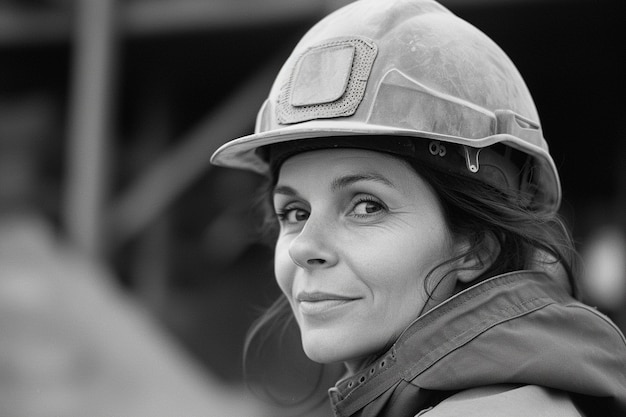 Viering van de Dag van de Arbeid met een monochrome afbeelding van een vrouw die als ingenieur werkt