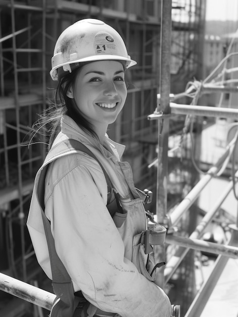 Gratis foto viering van de dag van de arbeid met een monochrome afbeelding van een vrouw die als ingenieur werkt