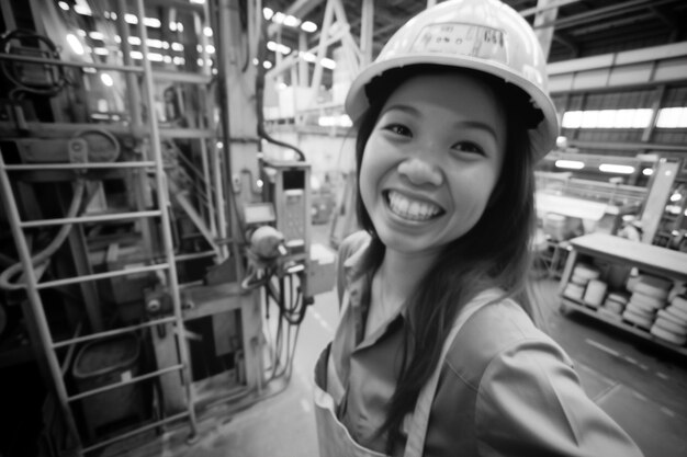 Viering van de Dag van de Arbeid met een monochrome afbeelding van een vrouw die als ingenieur werkt