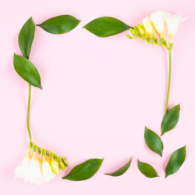 Vierkant frame van bladeren en kleine bloemen